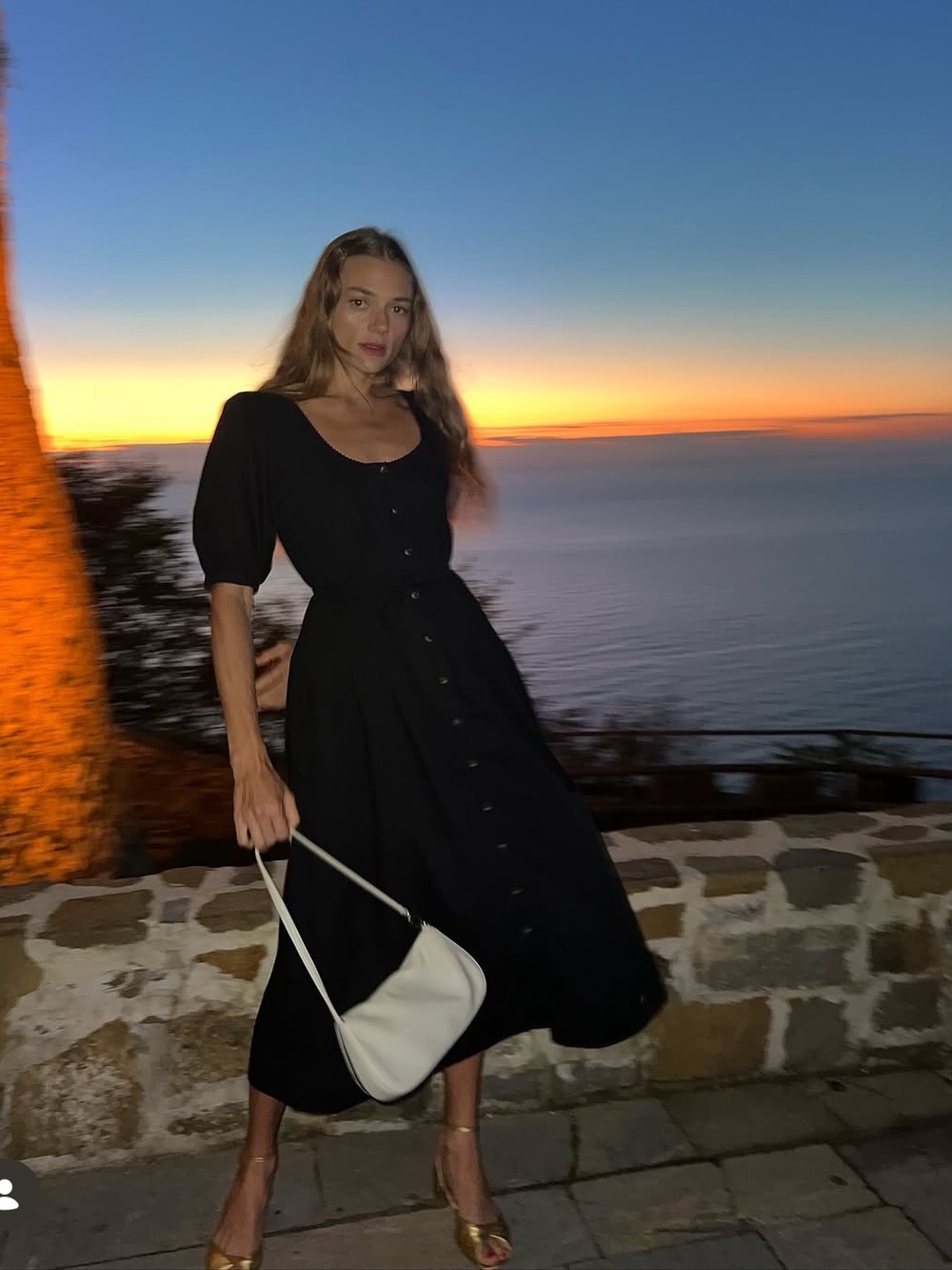Ciao Lucia Black Button-Front Midi Dress with Puff Sleeves
